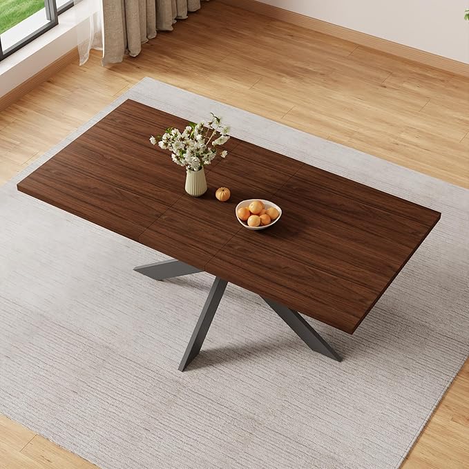 ZckyCine 63"-79" Extendable Dining Table, Modern Walnut Finish Table with Sturdy Metal Frame, Rectangular Kitchen Table for 6-8 People, Easy Assembly, Space-Saving Design