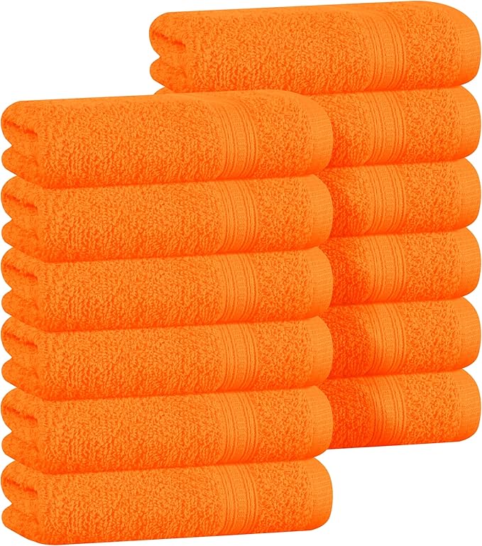 BOUTIQUO Ultra Soft Cotton Washcloths, Contains 12 Piece Face Cloths 12x12 inch, Ideal for Everyday use Face Towels, Compact & Lightweight Multi Purpose Washcloths - Orange