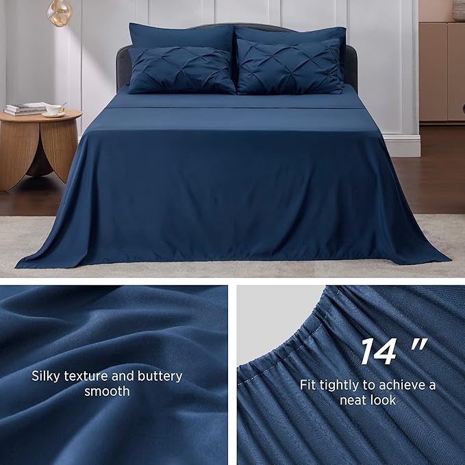 Bedsure King Size Comforter Set - Bedding Sets King 7 Pieces, Pintuck Bed in a Bag Navy Blue Bed Set with Comforter, Sheets, Pillowcases & Shams