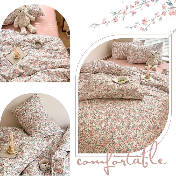 Boho Floral Duvet Cover Twin Soft Cotton Aesthetic Floral Bedding Sets French Style Pink Blue Flower Branches Duvet Cover Chic Shabby Garden Floral Comforter Cover Botanical Twin Size Bedding Sets