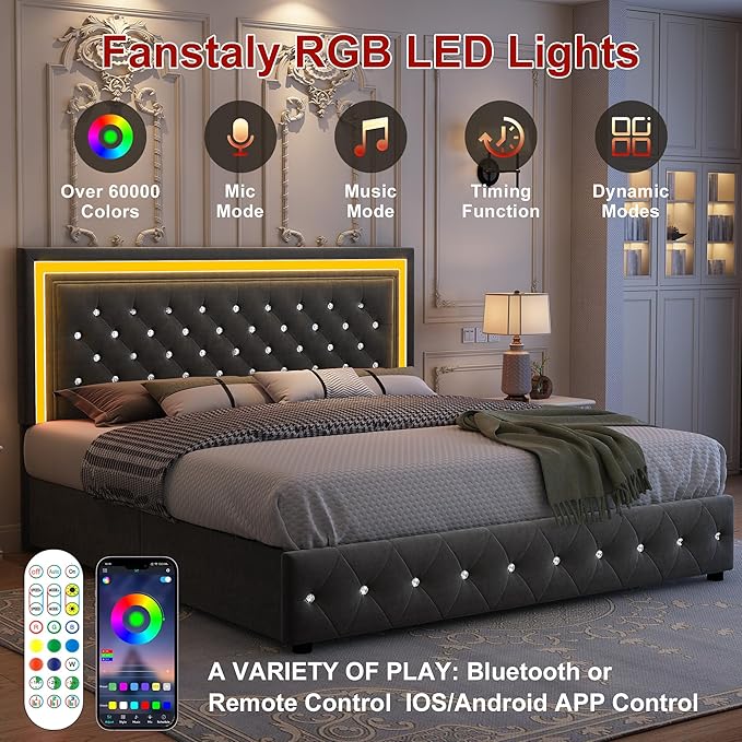 Queen Bed Frame with LED Lights, Storage Drawers, No Box Spring Needed, 900 lbs Capacity, Easy Assembly, Velvet Grey