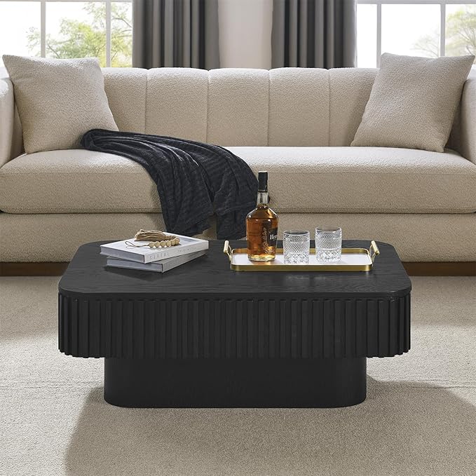 Lift Top Coffee Table for Living Room,Rectangle Handmade Solid Wood Strips, Fluted Coffee Table with Hidden Storage Compartment for Small Space Office Apartment (38.6"L×26.8''W×13.8''H-Black)