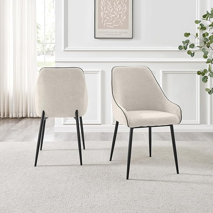 Furniturebox UK Dining Chairs - 2X Beaumont Cream Fabric Black Leg Chairs - Pair of Dining Chairs - Upholstered Polyester Chair - Modern Dining Room Furniture - Contrasting Black Piping