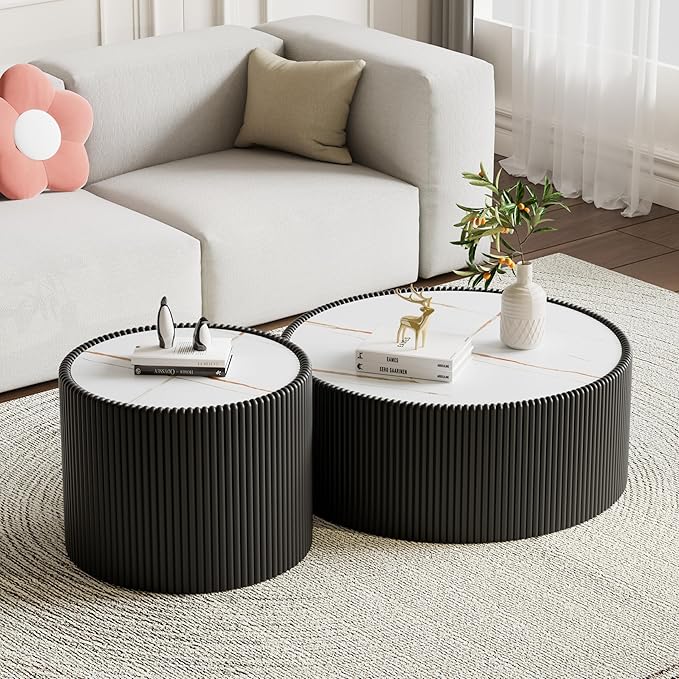 Round Coffee Table Set with Sintered Stone Tabletop, 29.52" Black Drum Center Table and 17.71" Black Coffee Table Set, 2 Pieces Living Room Table Set with Fluted PU Leather Cover& Stable Base