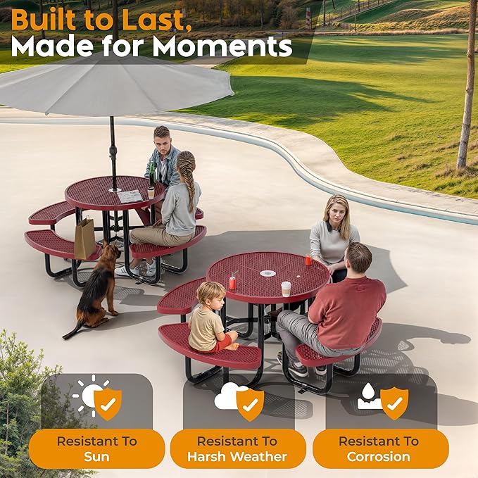 Metal Picnic Tables for Outdoors with Umbrella Hole - Coated Steel Heavy Duty Commercial Grade Furniture Set with Adjustable Seats (Red, 38 in, Round, Expanded Steel)