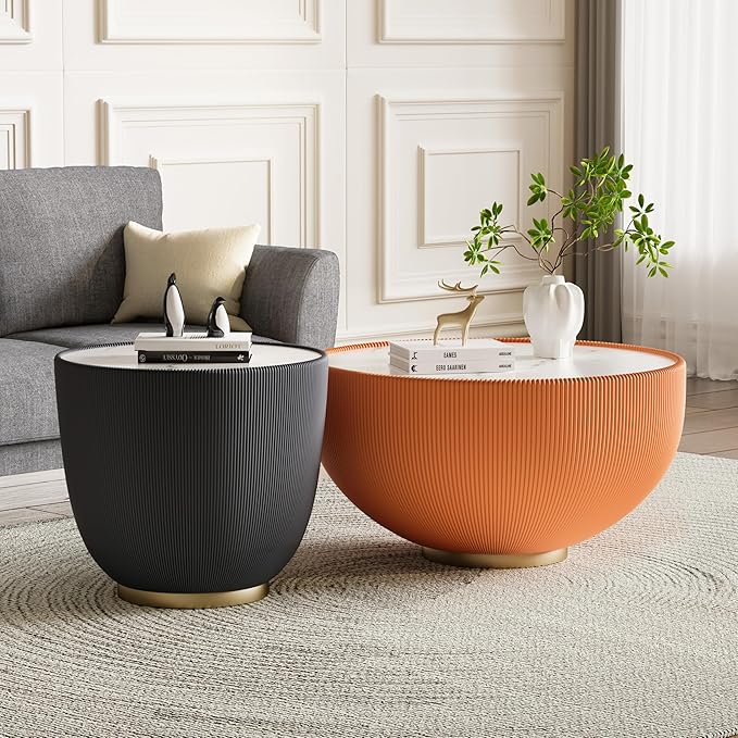 Grey Round Coffee Table with Sintered Stone Tabletop, 19.69 Drum Coffee Table with Fluted PU Leather Covered and Metal Base, Circle Cocktail Tea Table for Living Room