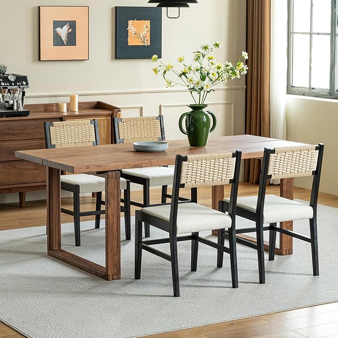 Chogori Wooden Dining Chairs, Modern Farmhouse Kitchen & Dining Room Accent Side Chairs with Woven Rope Back and Fabric Upholstered for Home, Living Room (Black, Set of 6)