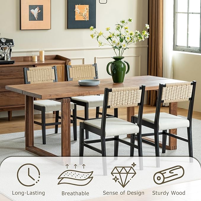 Chogori Wooden Dining Chairs, Modern Farmhouse Kitchen & Dining Room Accent Side Chairs with Woven Rope Back and Fabric Upholstered for Home, Living Room (Black, Set of 4)