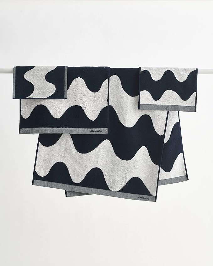 MARIMEKKO Lokki Terry Cotton Washcloth (Dark Blue) – Waves Patterned Washcloths – 12 in x 12 in