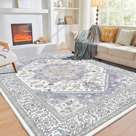 OPPODREAM Thin 10x14 Area Rugs, Washable Rugs 10x14 with Non Slip Backing, Low-Pile Faux Cashmere 10 x 14 Carpet, Purple & Green & Cream