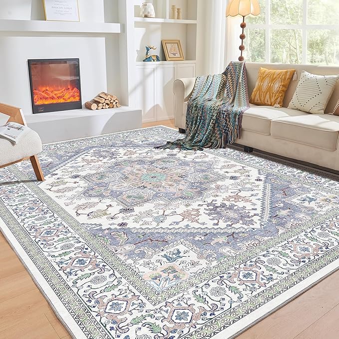 OPPODREAM Thin Area Rugs 5x7, 5x7 Washable Rug with Non Slip Backing, 5 x 7 Faux Cashmere Low-Pile Carpet, Purple & Green & Cream