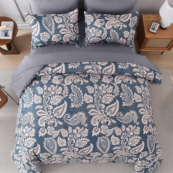 Drucon Paisley Comforter Set Queen, 7 Pieces Bed in a Bag Boho Comforter Bedding Soft Microfiber Queen Size Navy Blue Comforter with Sheet & Pillowcases