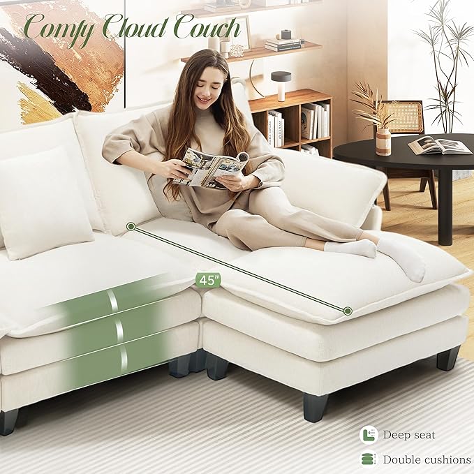 Comfy Cloud Couch with Movable Ottoman, Modular Sectional Sofa, 106" L Shaped Modern Sofa with Pillows, Deep Seat Couches for Living Room, Bedroom and Apartment, Beige