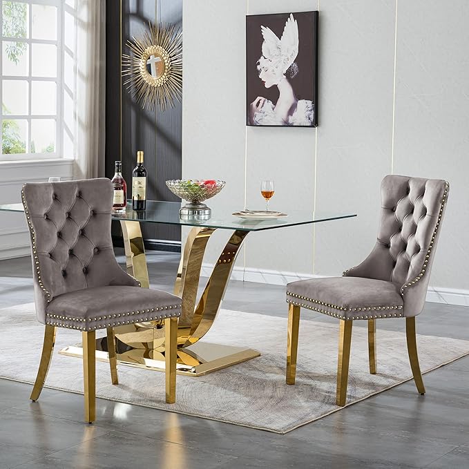 70" Modern Gold Glass Dining Table Set for 6, 7-Piece Rectangle Kitchen Dining Room Table Set with Steel Base & 6 Grey Velvet Upholstered Chairs, Modern Glass Kitchen Table and Chairs Set of 6