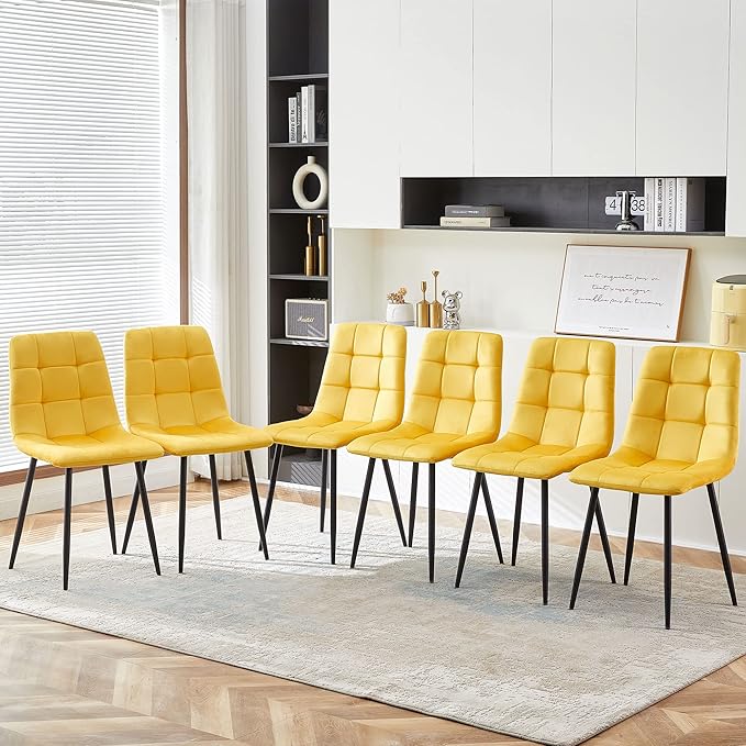 NORDICANA Yellow Velvet Dinner Chairs Set of 6, Modern Armless Biscuit Tufted Dining Side Chairs with Metal Legs for Kitchen Living Room Vanity
