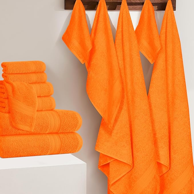 BOUTIQUO 24 Pack Cotton Towel Set, Contains 6 Bath Towels 27x54 inch, 6 Hand Towels 16x24 inch & 12 Wash Coths 12x12 inch, Ideal Everyday use, Ultra Soft Compact & Lightweight - Orange