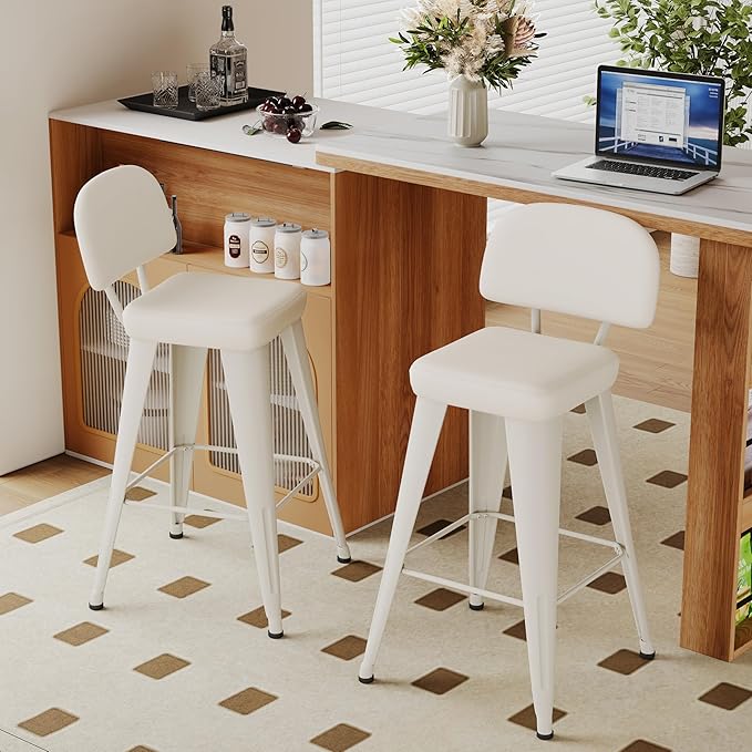 Aklaus PU Leather Metal Bar Stools 26 inch Faux Leather Counter Height Barstools Set of 2 Modern Farmhouse Bar Chairs with High Backs and Faux Leather Seat for Kitchen Island Dining Room Off White