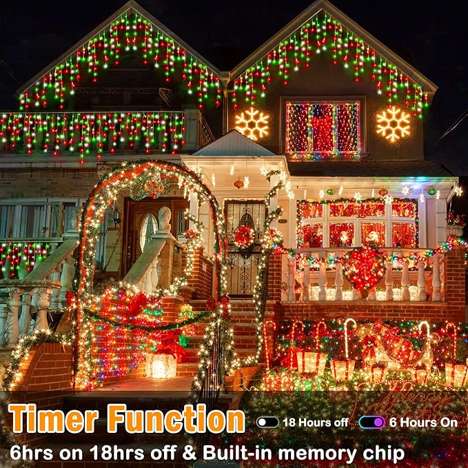 Hezbjiti Christmas Lights - Outdoor Decorations, LED Fairy String Curtain Lights with 75 Drops, 8 Modes, 1600LED, 164FT for Christmas Decor (Red, Green, Cold)