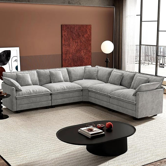 Ihanherry 114" V-Shaped Modern Sofa Modular Sectional Cloud Couch with Corner Section, 5-Seat Chenille Deep Seat Sofa with 5 Pillows for Living Room, Bedroom and Apartment, Grey