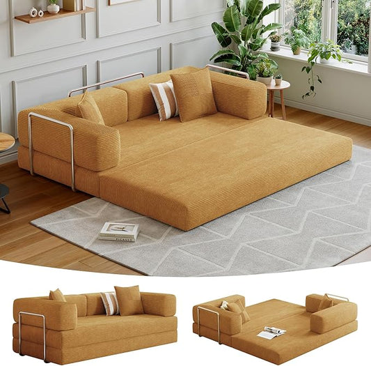 98.4''Convertible Sleeper Sofa Bed,Compressed Floor Boneless Couch,Modular Modern Corduroy Sofa for Living Room Bedroom -with Fixed-Shape Frame and Support Armrest,Easy Assembly(Yellow)
