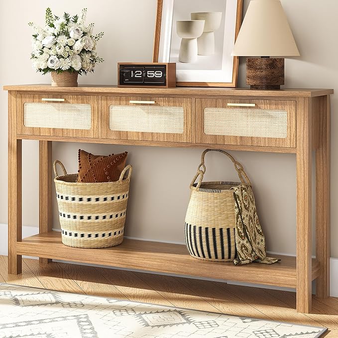 ELYKEN 51.2" Entryway Table with 3 Rattan Drawers, Boho Console Table Narrow with Storage, Long Sofa Table for Behind Couch Entry Hallway, Entrance, Living Room, Oak Brown