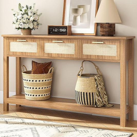 ELYKEN 51.2" Entryway Table with 3 Rattan Drawers, Boho Console Table Narrow with Storage, Long Sofa Table for Behind Couch Entry Hallway, Entrance, Living Room, Oak Brown