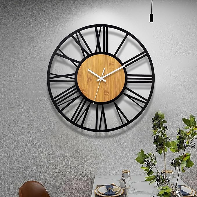 1st owned Wall Clocks for Living Room Decor,16" Vintage,Round Silent Non Ticking,Black Metal,Modern Wood Clocks for Home Bedroom,Kitchen,Garden,Office,Cafe,Modern Wall Decoration -Roman Numerals