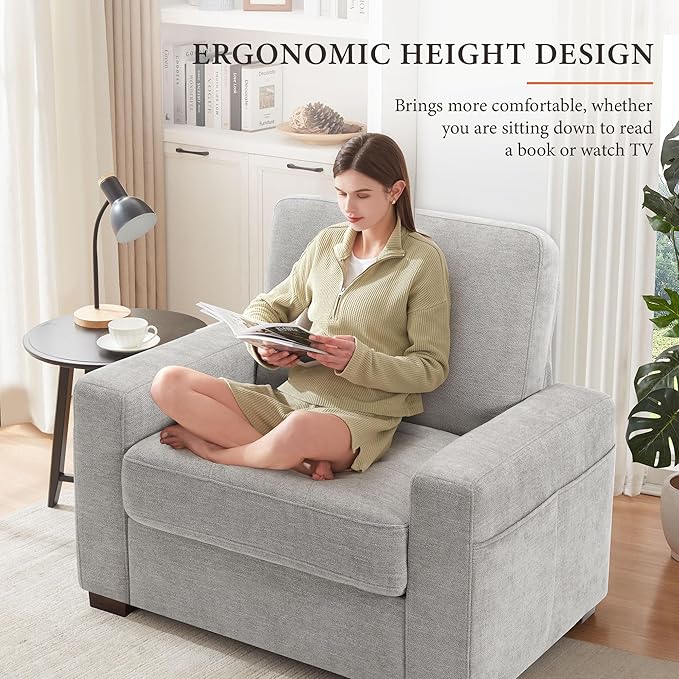 Ihanherry 39 Inch Sofa Single with Side Pocket, Comfy Modern 1-Seat Sofa for Living Room & Bedroom, Removable Medium Firm Sofa Cushion, Breathable Chenille Fabric, Grey