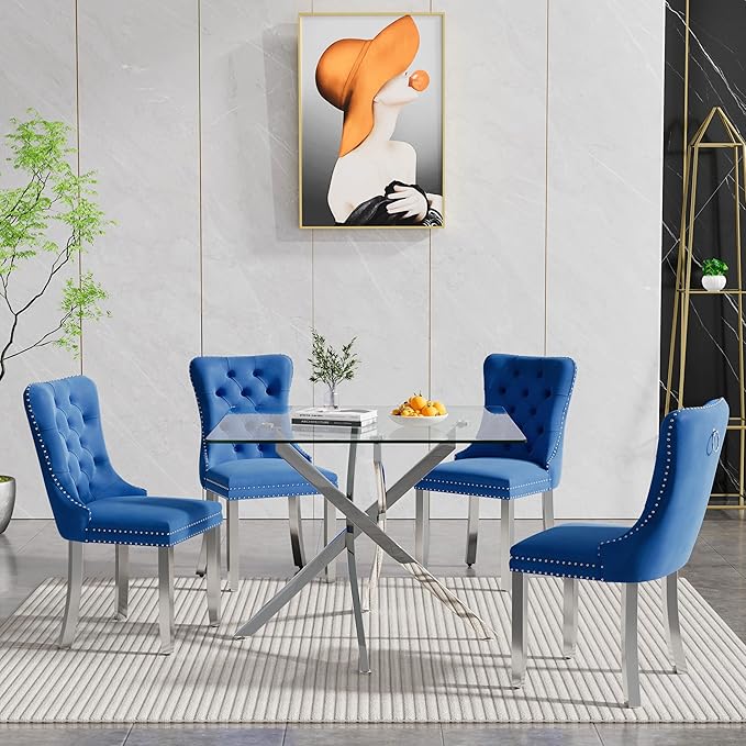 Goujxcy 5 Piece Glass Dining Table Set Modern Small Glass Dining Table Set for 4, 35.43" Square Kitchen Table and 4 Velvet Upholstered Chairs for Kitchen Dining Room, Silver & Blue