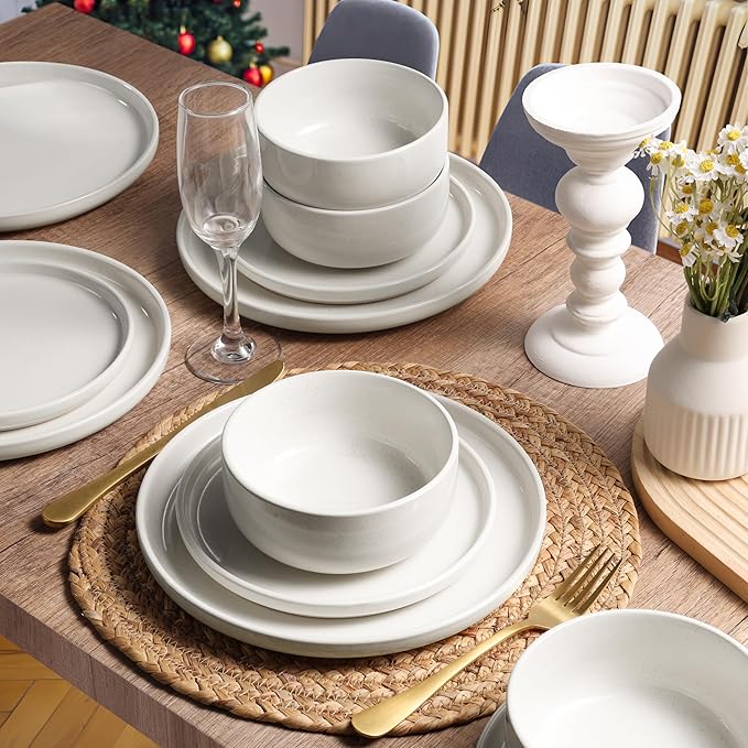 HaWare Stoneware Dinnerware Sets, 24-Piece Plates and Bowls Set for 8, Dishes Set for Home Restaurant, Speckled Milky White