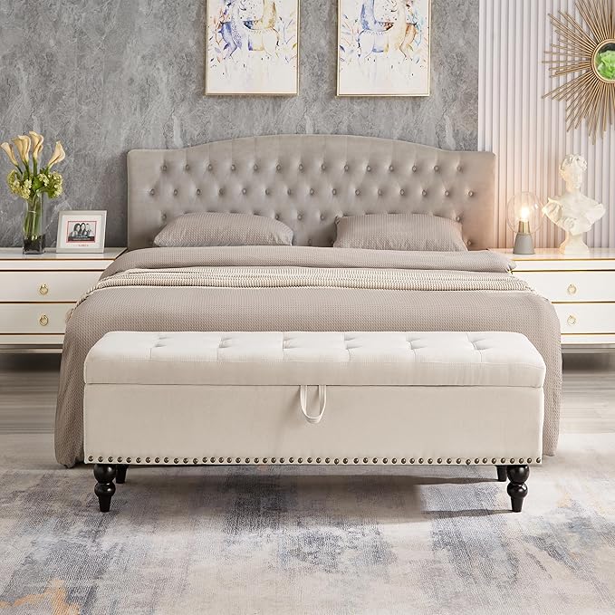mikibama Linen Storage Bench for Bedroom End of Bed,59" Long Tufted Bed Bench with Storage,Modern Mid Century Storage Ottoman Bench for Window,Entryway,Living Room Solid Wood Legs (Beige)