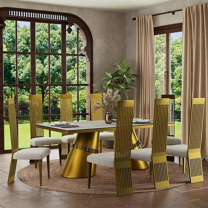 White and Gold Dining Chairs Set of 10, Upholstered Dining Room Chairs, Modern Luxury Chairs with High Back and Brushed Gold Metal Legs for Kitchen/Living Room/Restaurant