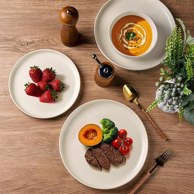 AmorArc Ceramic Dinnerware Sets, Wavy Rim StonewarePlates and Bowls Sets, Highly Chip and Crack Resistant | Dishwasher & Microwave & Oven Safe Dishes set, Service for 8 (24pc)