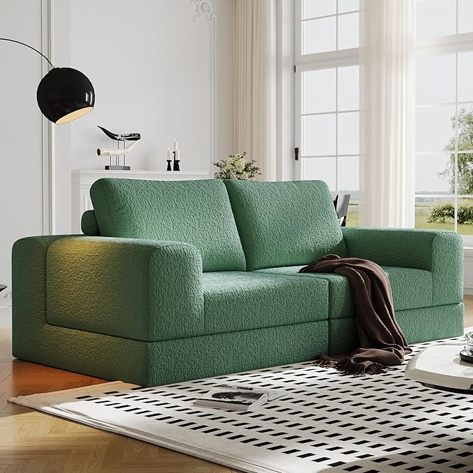 Cloud Modular Sectional Sofa, DIY Combination Modular Couch for Living Room, Unique Knitted Fabric Love Seat Couches with 2 Pillows, 2 Seater Comfy Sectional Couch with No Assembly (Green)