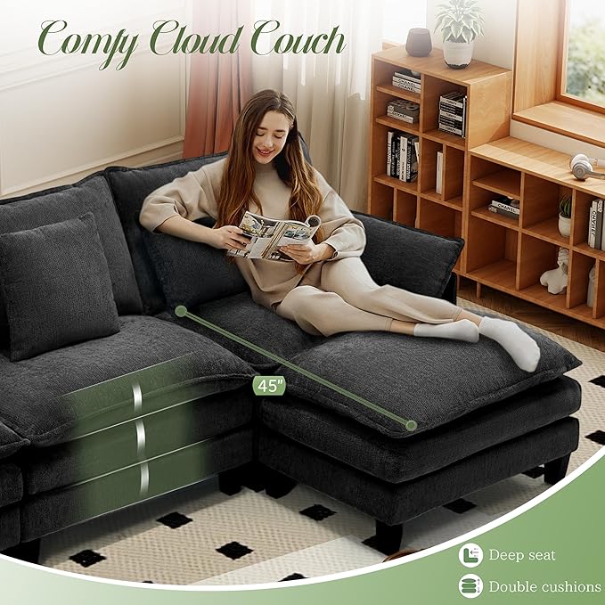 Modular Sectional Sofa, Comfy Cloud Couch with Movable Ottoman, Deep Seat Couches for Living Room, Bedroom and Apartment, 106" L Shaped Modern Sofa with Pillows, Black