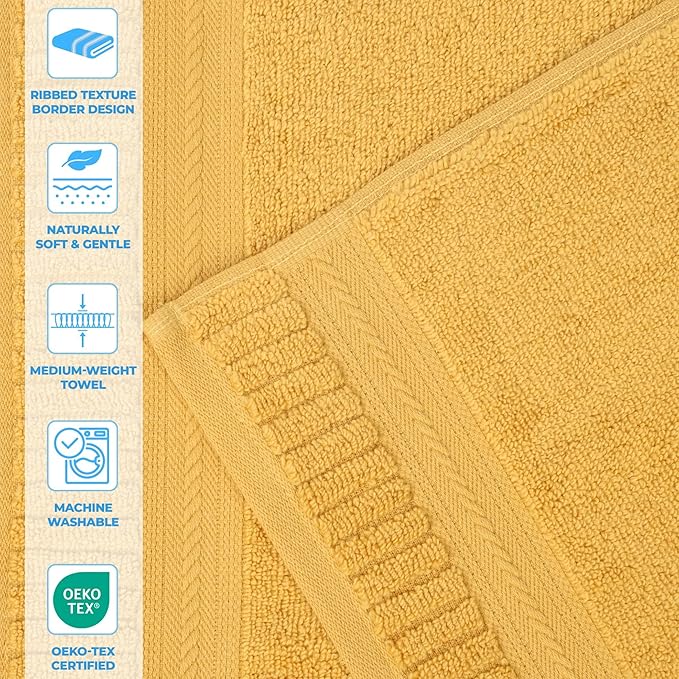 Superior Venice Zero Twist Cotton Medium Weight Towels, for Guest Bath, Bathroom, Shower, Spa, Plush Towels, Bath Essentials, Ribbed Textured Border, 12 Piece Assorted Towel Set, Gold