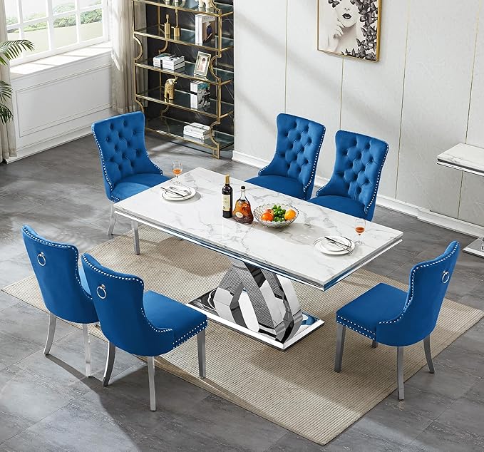 Goujxcy 7-Piece Dining Table Set Modern Faux Marble Dining Table Set for 6, Luxury 68" Long Faux Marble Kitchen Table with 6 Velvet Upholstered Chairs & Mirrored Stainless Steel Base