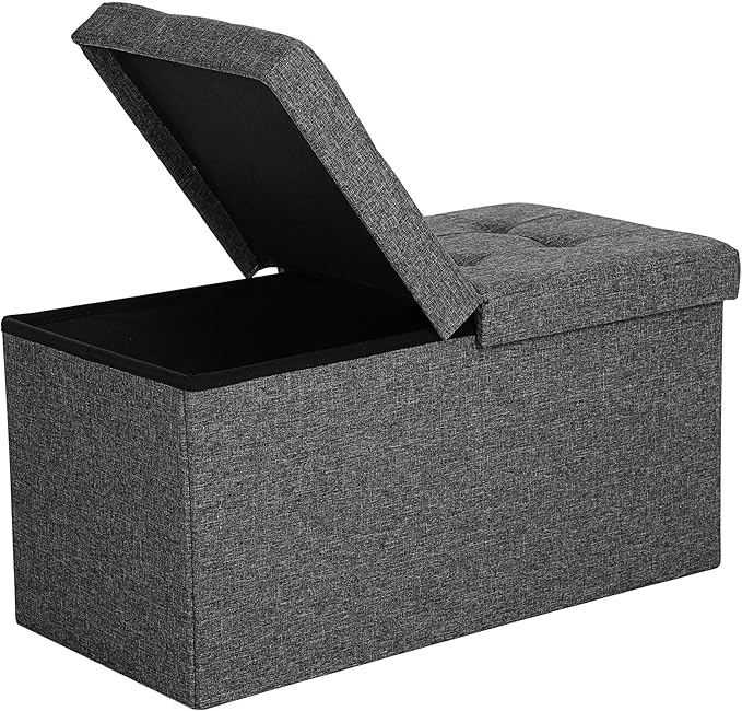 SONGMICS MAZIE Collection - 30 Inches Storage Ottoman, Foldable Storage Bench with Flipping Lid, 660 lb Load Capacity, for Entryway, Living Room, Bedroom, Dark Gray ULSF46GYZ