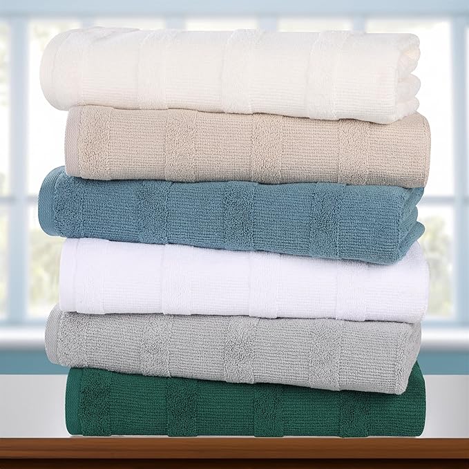 Superior Roma Cotton Bath Towels, Set of 3, Highly Absorbent, Ribbed Design, Quick-Dry, Shower, Hotel, Resort, Spa Basics, Bathroom Essentials, Solid, Includes; 3 Bath Towels, Evergreen