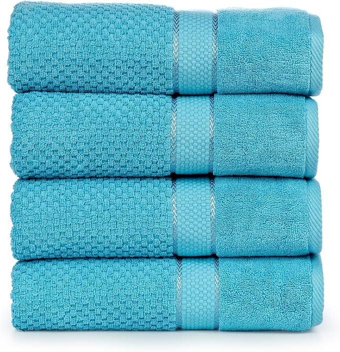 Ample Decor Sky Blue Bath Towels for Bathroom Set of 4 100% Cotton Popcorn Textured -Quick Dry, Highly Absorbent, Oeko-TEX Certified, Machine Washable - Mulaayam Collection - 30 X 54 Inch
