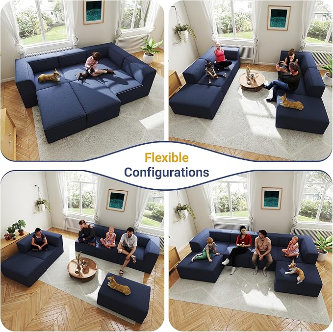 136" 6-Piece Sectional Sofa Modular Couches,L-U-Shaped with Chaise,for Living Room,Compressed Foam No Assembly,for Living Room (2xArmless Corner Ottoman) Fabric Chenille Blue