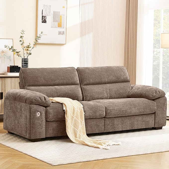 Ihanherry 92" Modern Sofa for Living Room, Deep Seat Chenille Couch with Fast Charging Port & Removable Washable Cushions, Pillow-Armrest Loveseat for Small Space/Apartment, Sturdy Frame, Brown