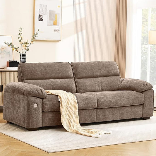 Ihanherry 92" Modern Sofa for Living Room, Deep Seat Chenille Couch with Fast Charging Port & Removable Washable Cushions, Pillow-Armrest Loveseat for Small Space/Apartment, Sturdy Frame, Brown