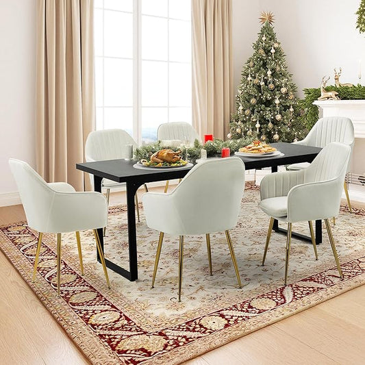 ECOTOUGE Modern Dining Chairs Set of 6, Upholstered Armchairs with Golden Metal Legs, Matte Velvet Kitchen Chairs for Dining Table, Accent Chairs for Living Room, Beige
