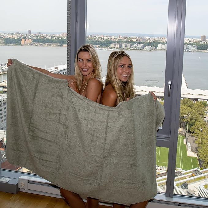 Mosobam Luxury Turkish Towels Set of 2 Bath Sheets 35X70 Seagrass Green 700 GSM Bamboo Viscose & Aegean Turkish Combed Cotton