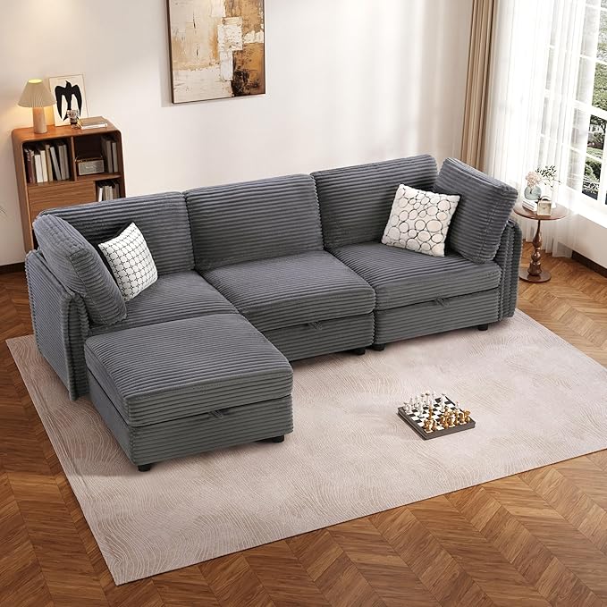 KKL Modular Sectional Sofa L-Shaped 4 Seater Couch with Storage Ottoman, Plush Wide-Wale Corduroy Couch for Living Room, Apartment, Modern Design, Gray