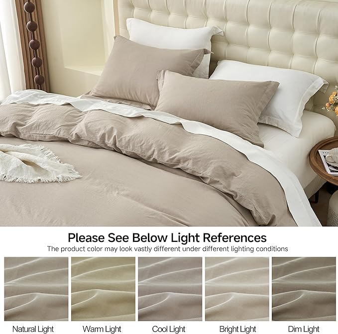 Simple&Opulence French Linen Duvet Cover Set 88" x 92"- 3 Pieces (1 Comforter Cover,2 Pillowcases)- Natural Flax Cotton Blend-Solid Color Breathable Farmhouse Bedding- Khaki, Queen