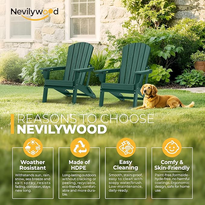 nevilywood Folding Adirondack Chair - Extended Ergonomic Backrest, Cup Holder - Easy Assembly - Durable HDPE Plastic, Weather Resistant & Maintenance-Free - Lawn, Patio, Deck Supports 380lbs Green
