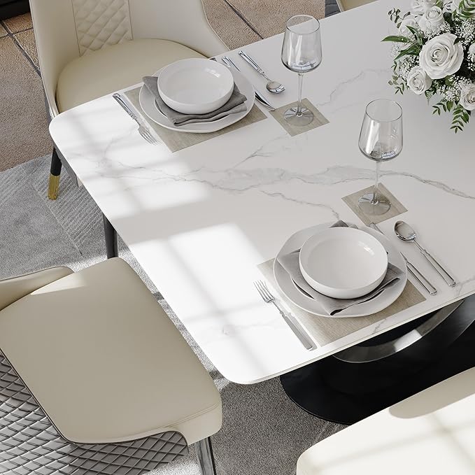 POVISON 71" Modern Dining Table for 4-6 People, Matte White Sintered Stone Table Top with X-Shape Carbon Steel Pedestal, Large Rectangular Table for Kitchen Living Room