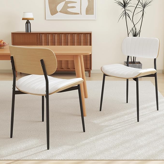 Modern PU Leather Dining Room Chairs Set of 4, Upholstered Kitchen Chairs with Curved Wood Backrest and Metal Legs Adjustable Feet for Kitchen Dining Room(White)